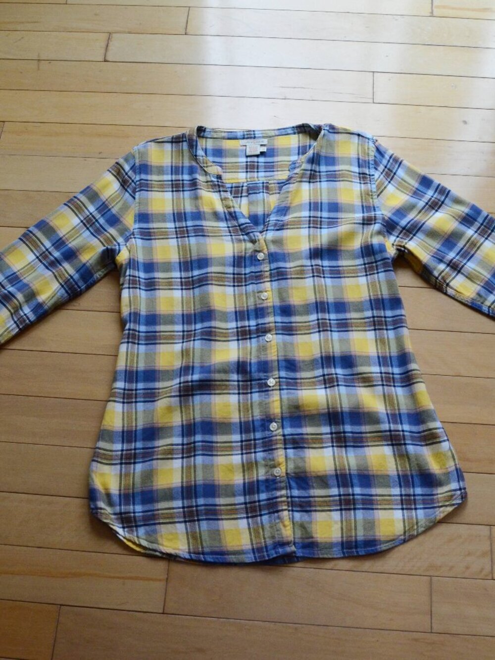 Relaxed Yellow and Blue Plaid Button-Down Blouse
